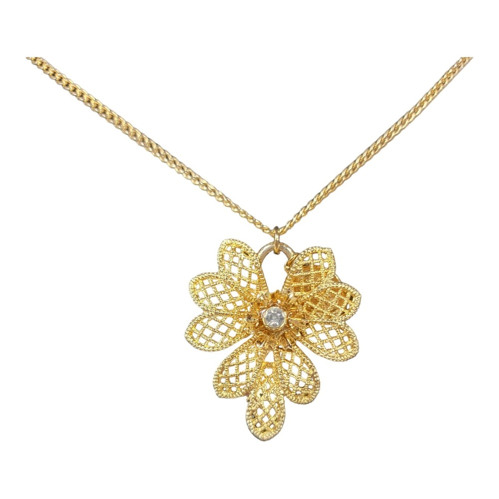 Vintage Gold Tone Waffle Weave Flower Pearl Pendant‎ Necklace Religious